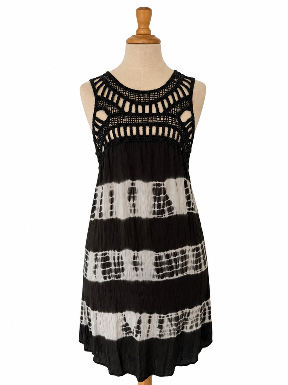 Nina Leonard Black and White Crochet-Top Midi Dress